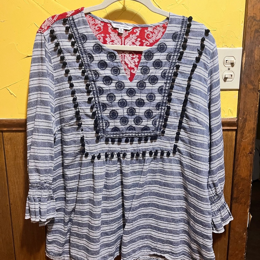 Chic Navy and White Striped Blouse with Embroidery